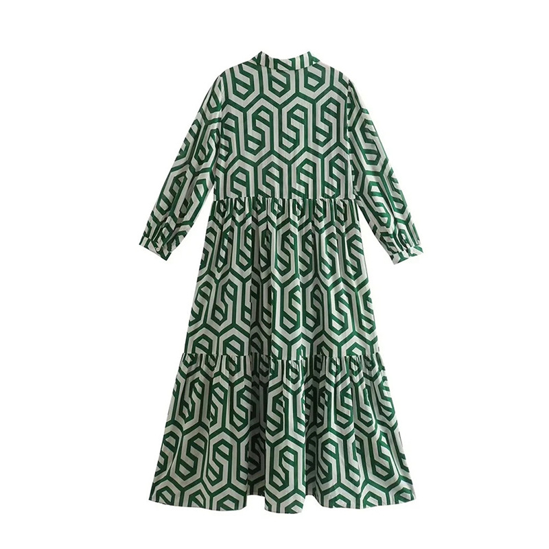 Women's Long Sleeve Polo Collar Green Geometric Print Shirt Dress