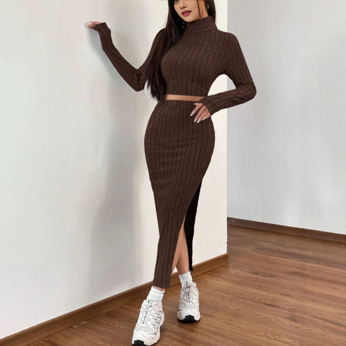 Bodycon Long-Sleeve High-Neck Slit Skirt Set
