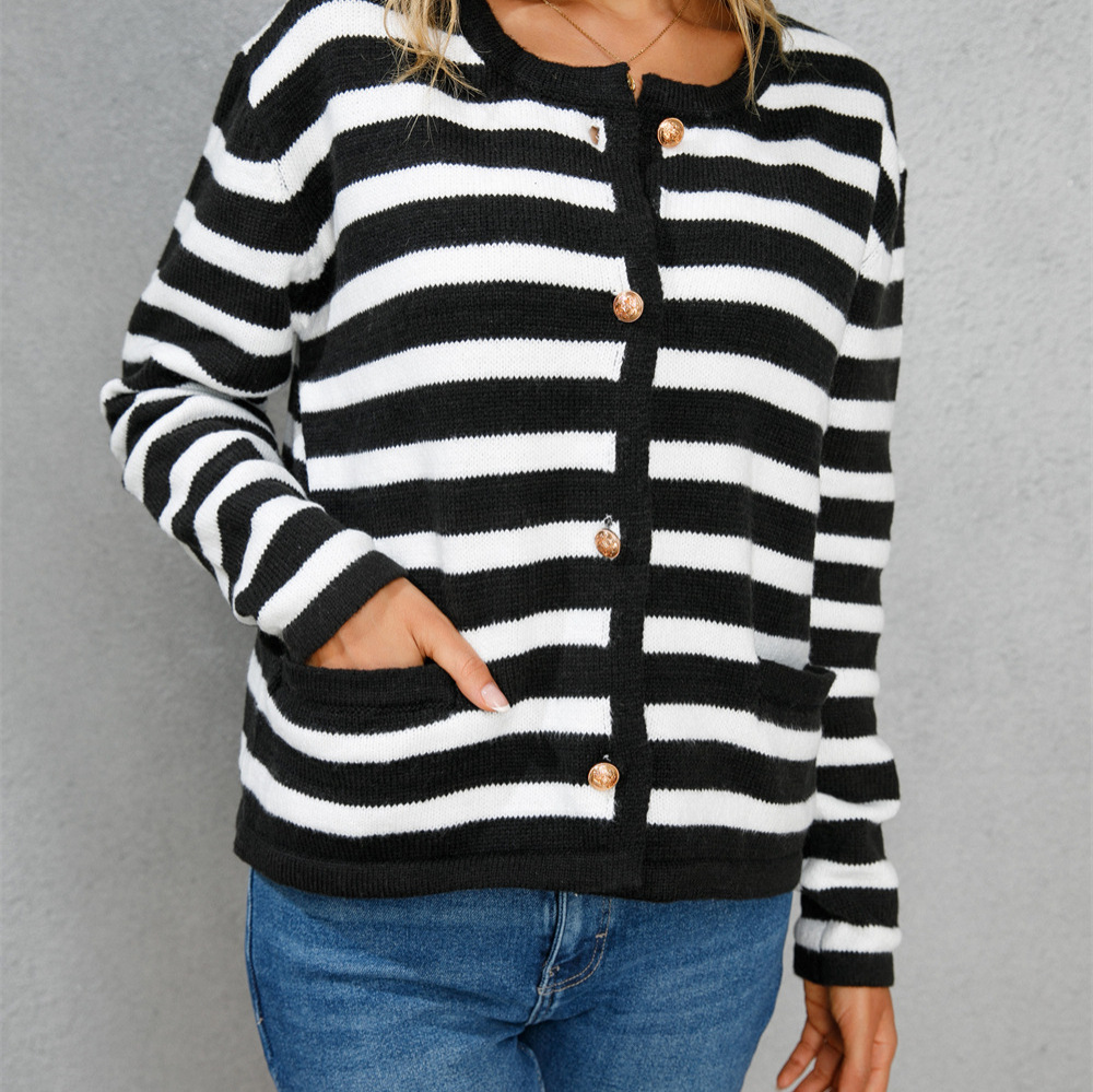 Women's Plus Size Striped Knit Cardigan Crew Neck Long Sleeve
