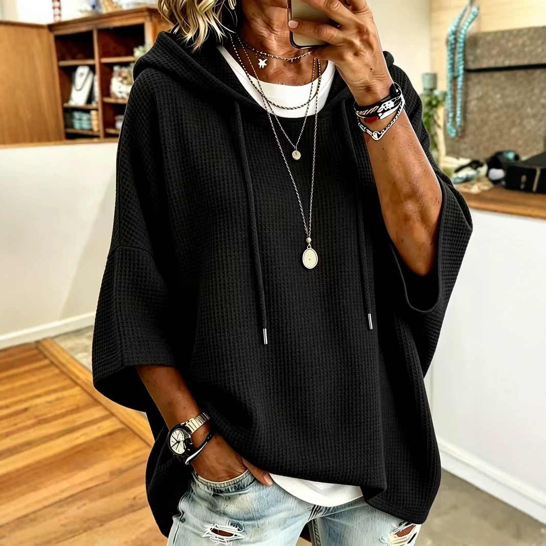 Women's Solid Waffle Print Casual Hoodie