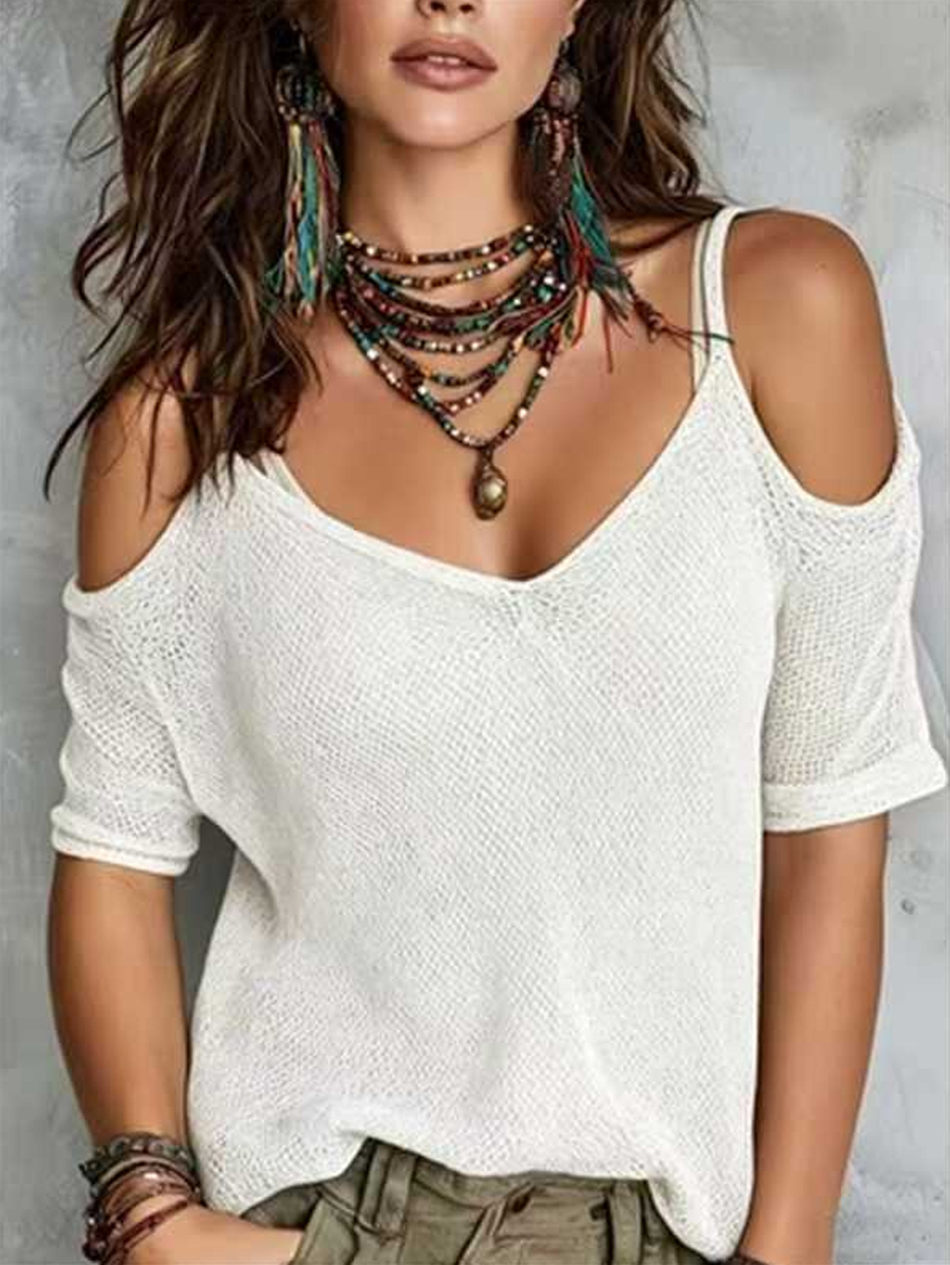 Women's Off-Shoulder Knit Short Sleeve Top Solid Color