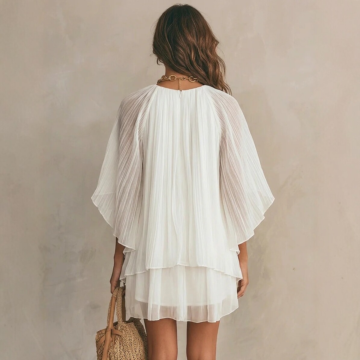 White Chiffon Vacation Dress Women's Loose Flowy Short Beach Dress