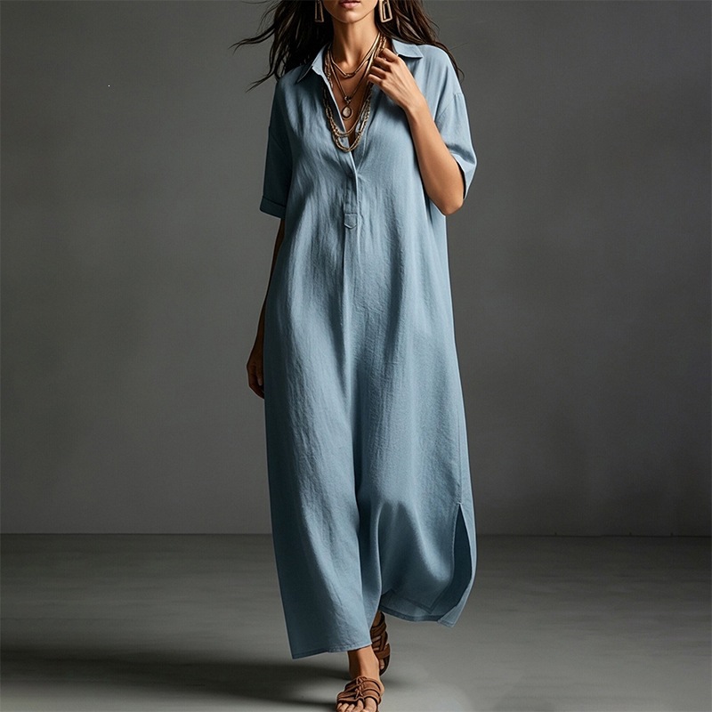 Women's Casual Solid Color Short Sleeve Collared Long Dress