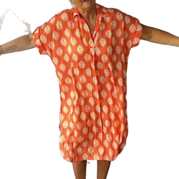 Women's Loose Fit Printed V-Neck Short Sleeve Midi Dress