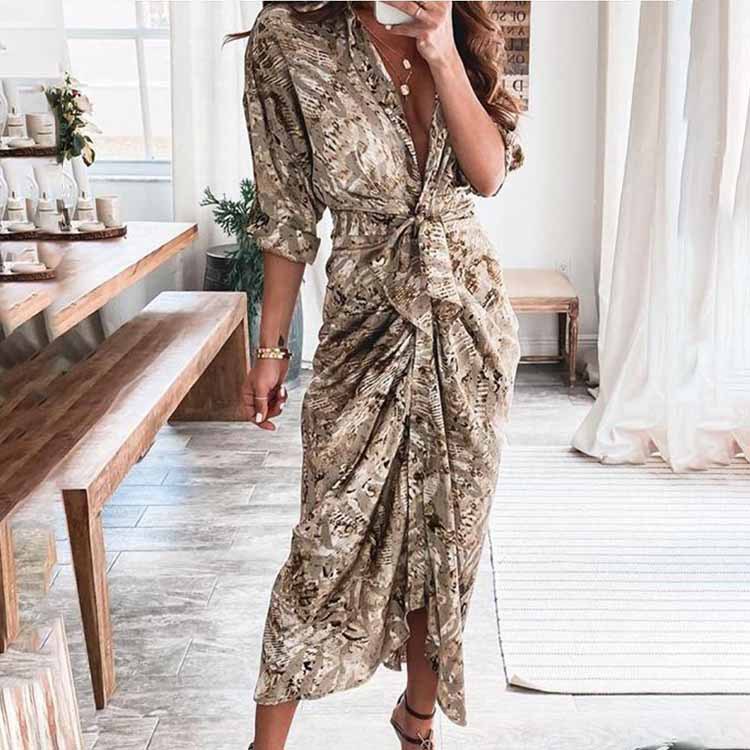 V-Neck Printed Tie-Waist Casual Dress