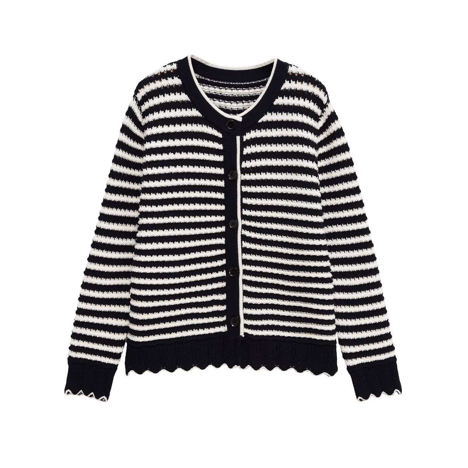 Striped Crewneck Long-Sleeve Knit Cardigan Sweater