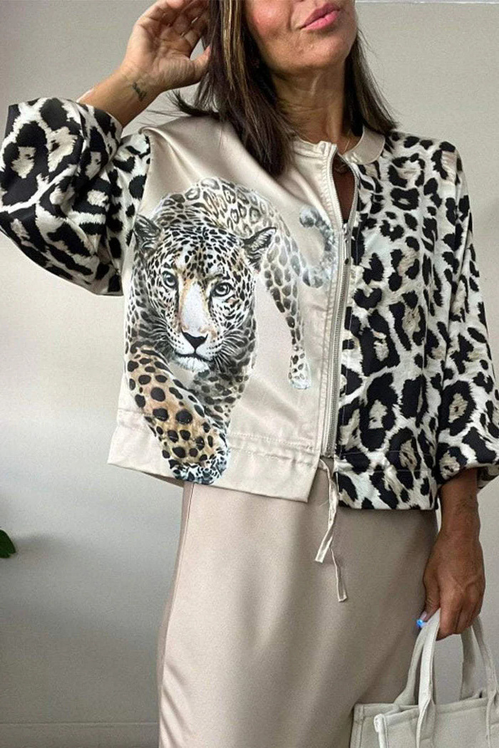 Women's Leopard Print Bomber Jacket Zip-Up Stand Collar
