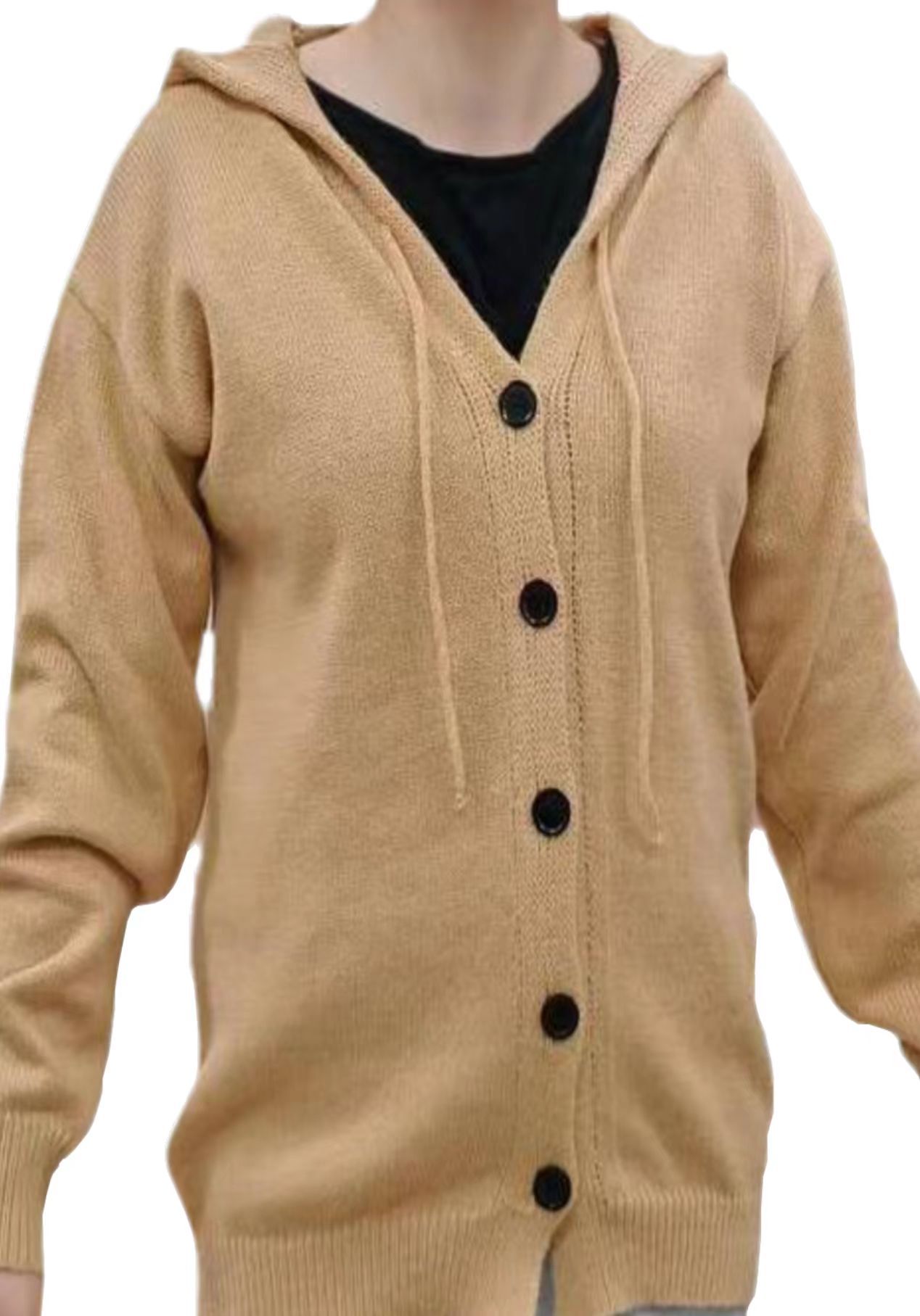 Women's Hooded Button-Front Cardigan Sweater V-Neck Solid Knit