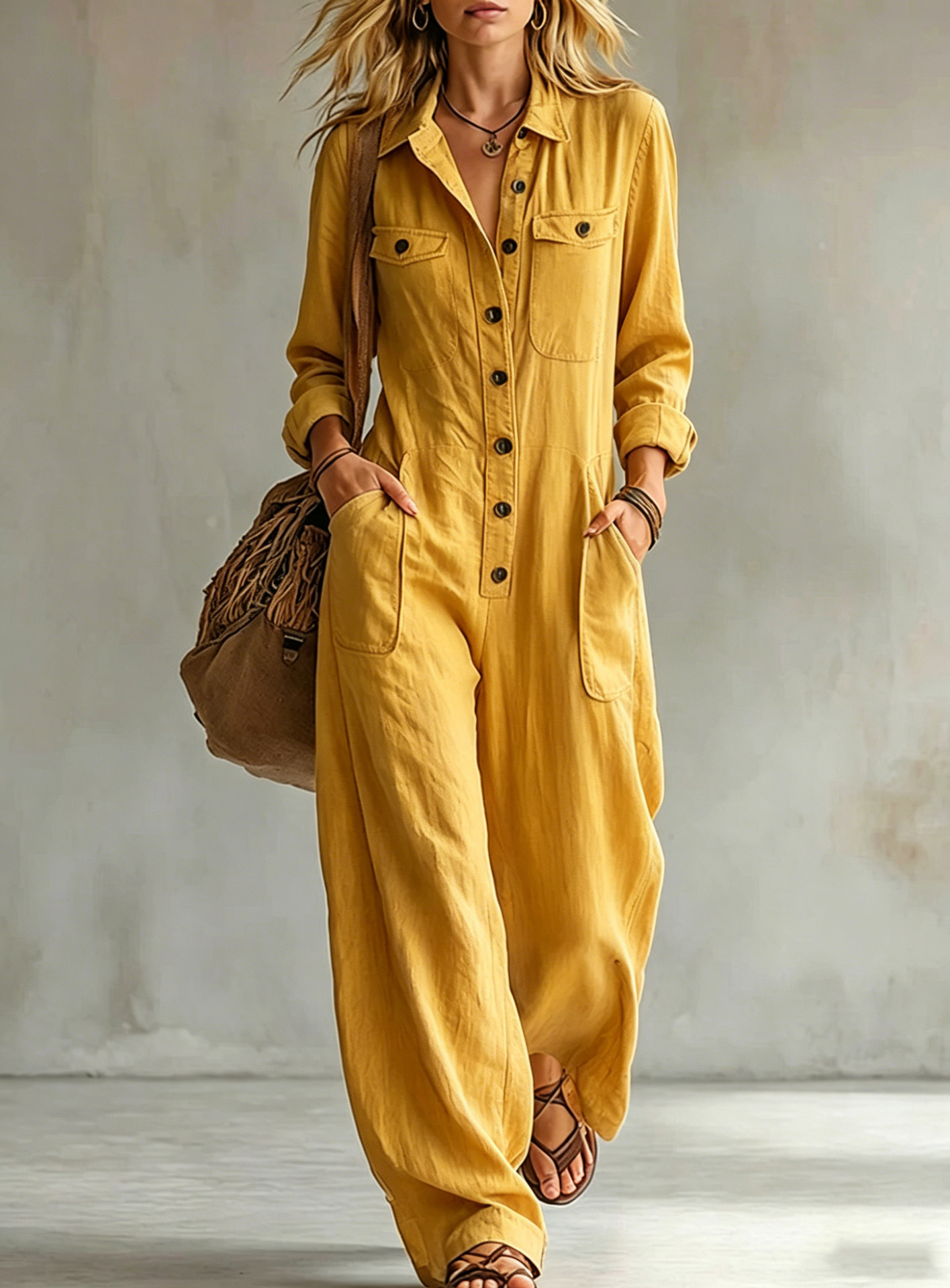 Women's Linen-Blend Cargo Jumpsuit with Collar Long Sleeve Wide Leg Loose Fit