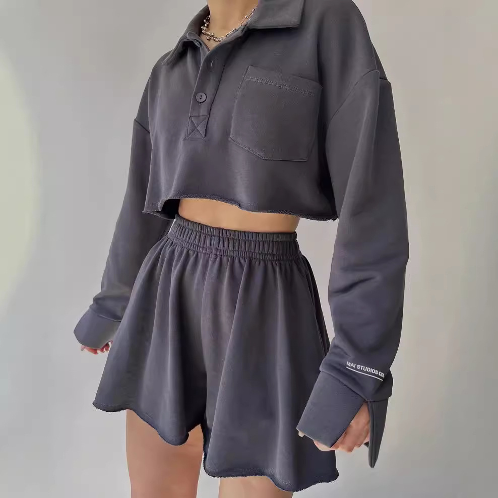 Solid Color Long Sleeve Open-Front Top and Drawstring Shorts Set