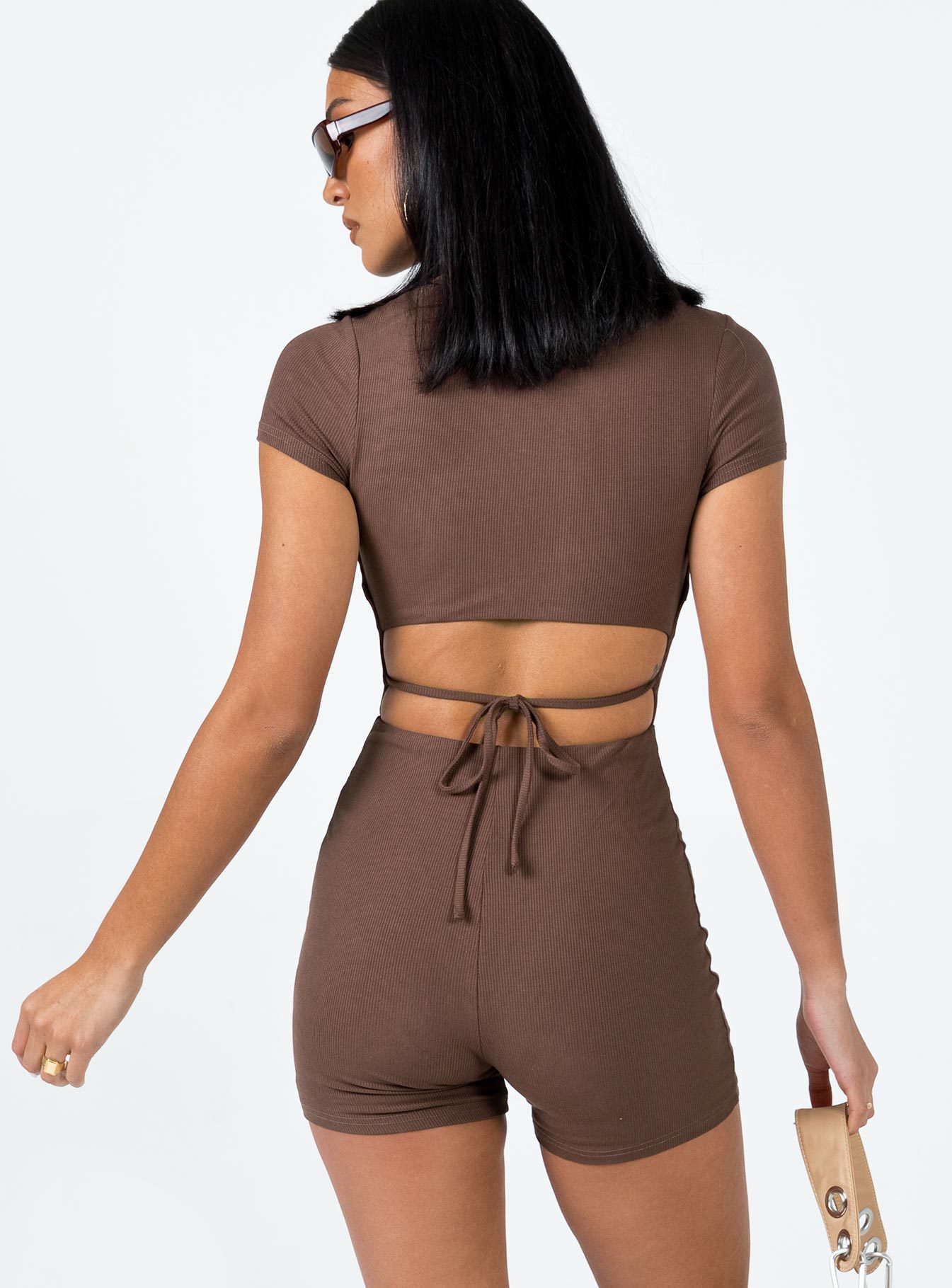 Low-Cut Backless Lace-Up Knit Bodysuit with High Waist