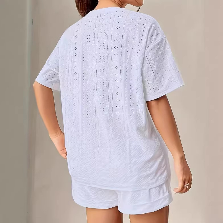 Women's Solid Color Hollow Out Short Sleeve Tee and Shorts Set