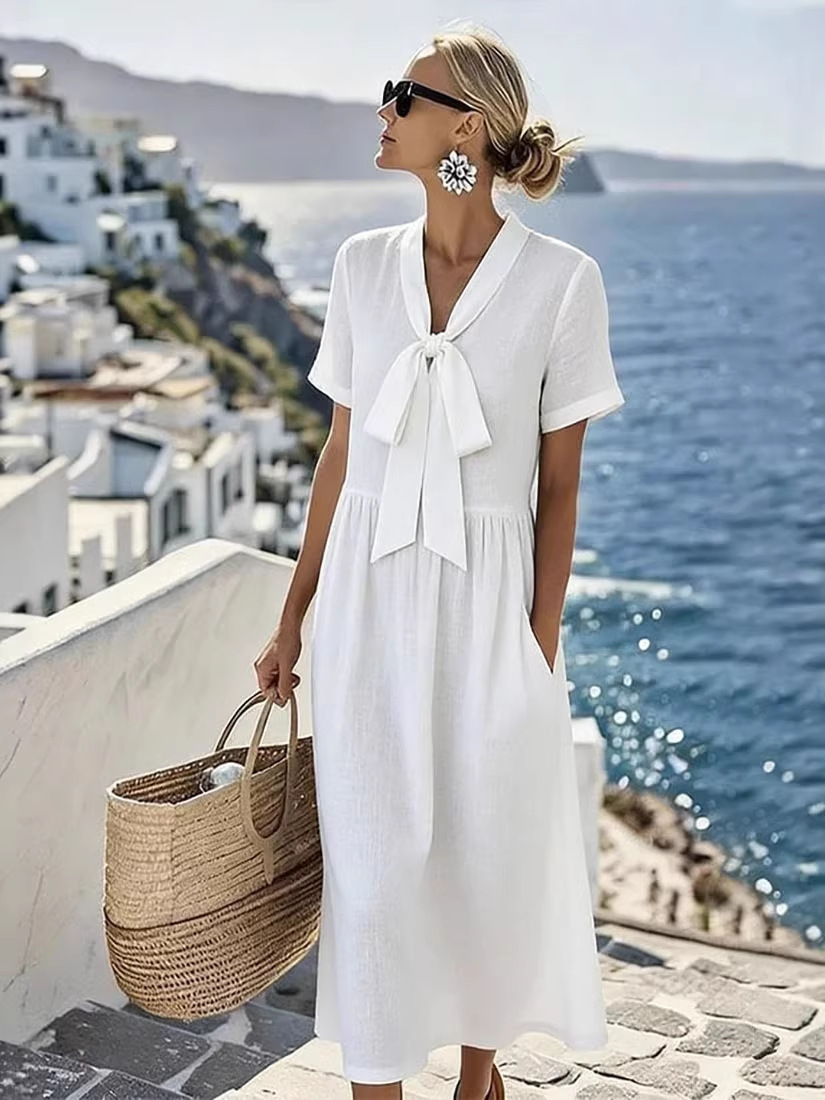 Women's Bow Casual Dress with Minimalist Print