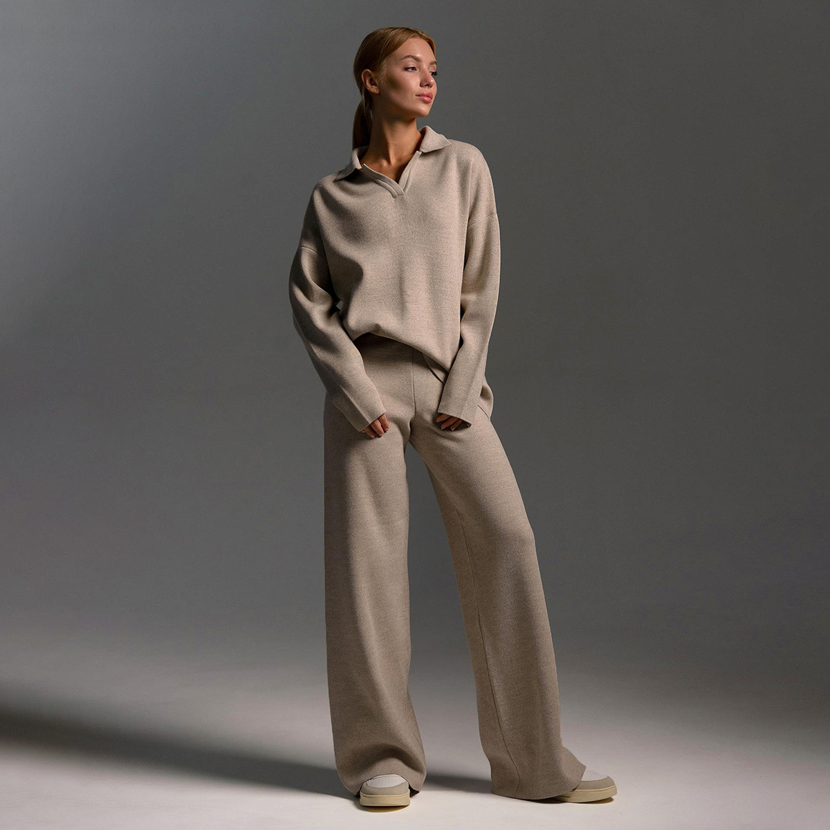 Polo Neck Knit Sweater and Wide-Leg Pants Two-Piece Set