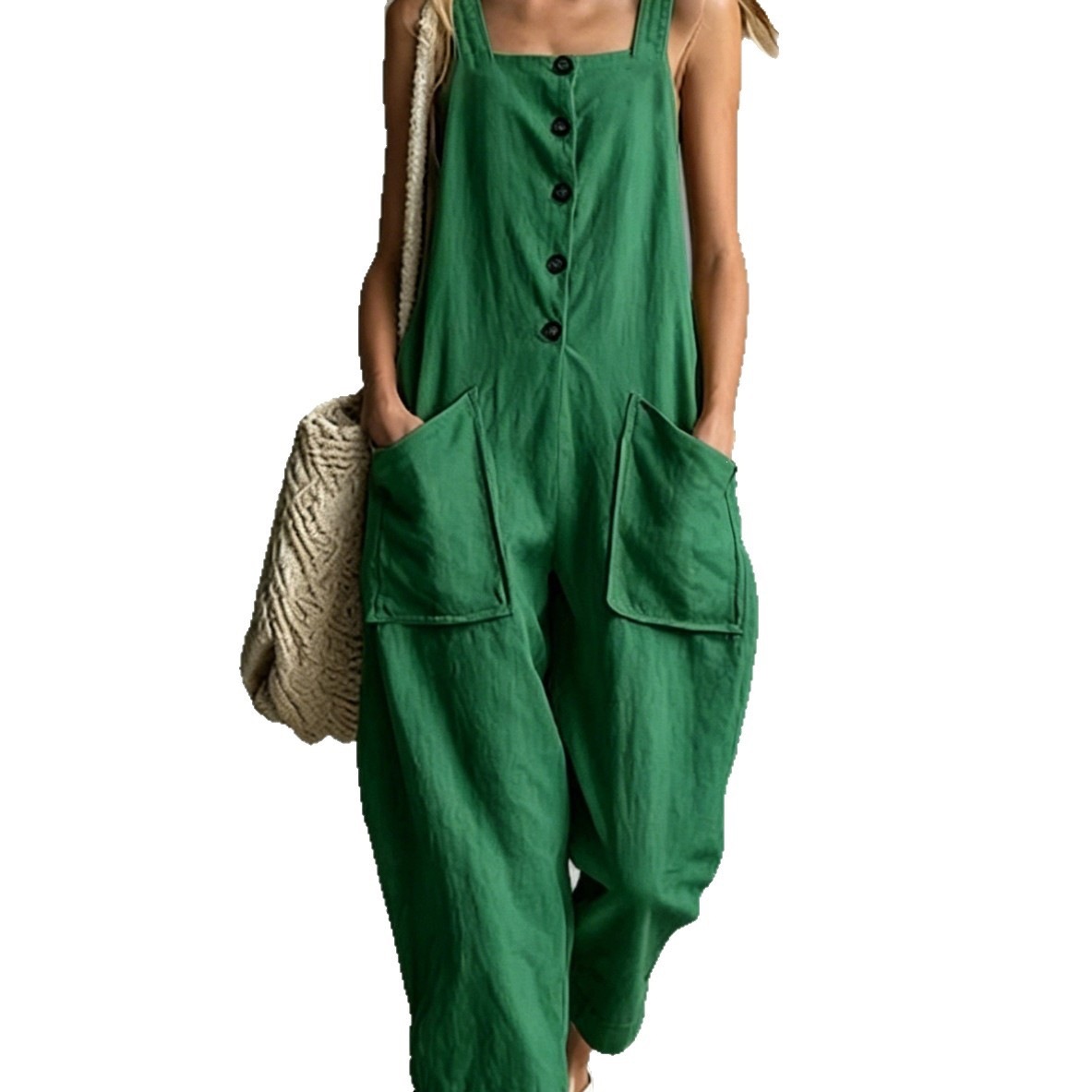 Women's Linen-Blend Wide-Leg Jumpsuit with Pockets