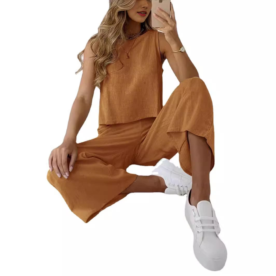 Cotton-Linen Sleeveless Top & Wide-Leg Pants Two-Piece Set