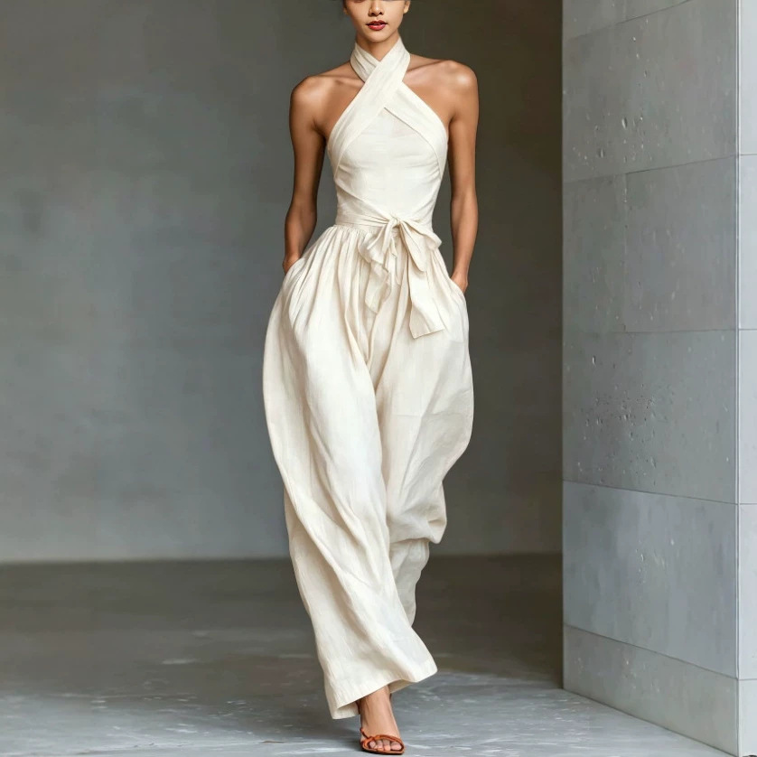 Women's Linen Sleeveless Halter Cross-Tie Wide-Leg Jumpsuit