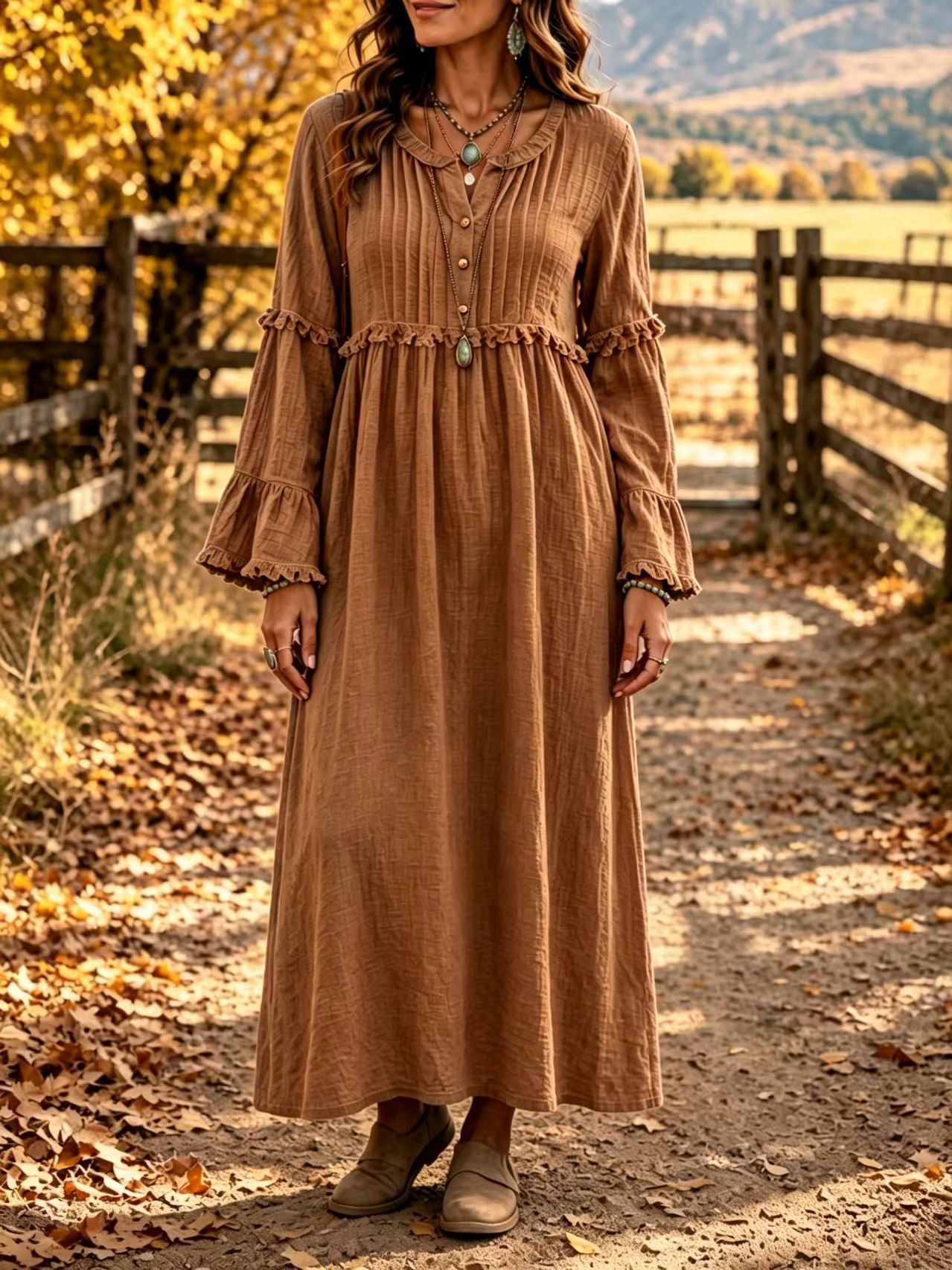 Lace Trim Fringe Button Loose Casual Dress