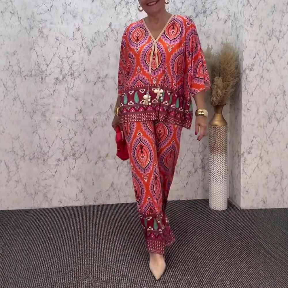 Women's Floral Print V-Neck Long Sleeve Top and Pants Two-Piece Set