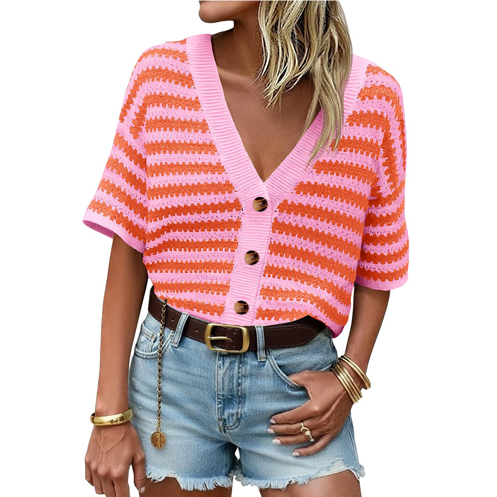 V-Neck Striped Knit Cardigan Short Sleeve Hollow-Out Casual Top