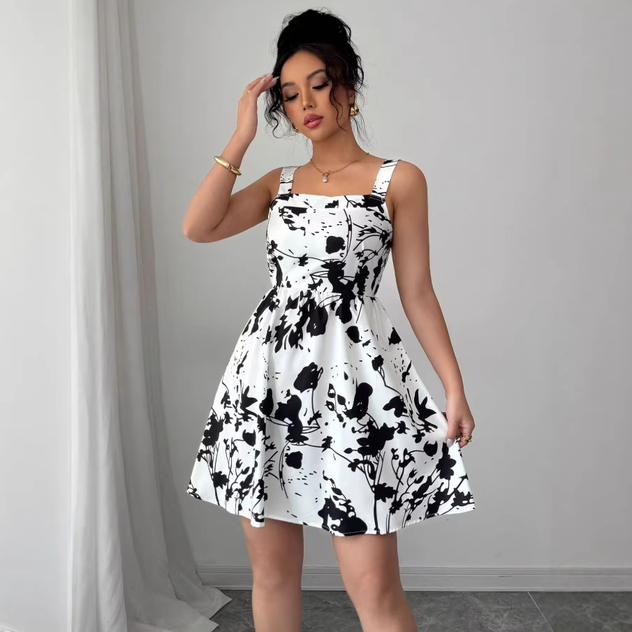 Bohemian Floral Print Sleeveless A-Line Dress with Open Back and Waist