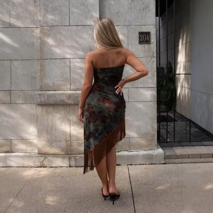 Fringe Tube Dress with Asymmetrical Hem
