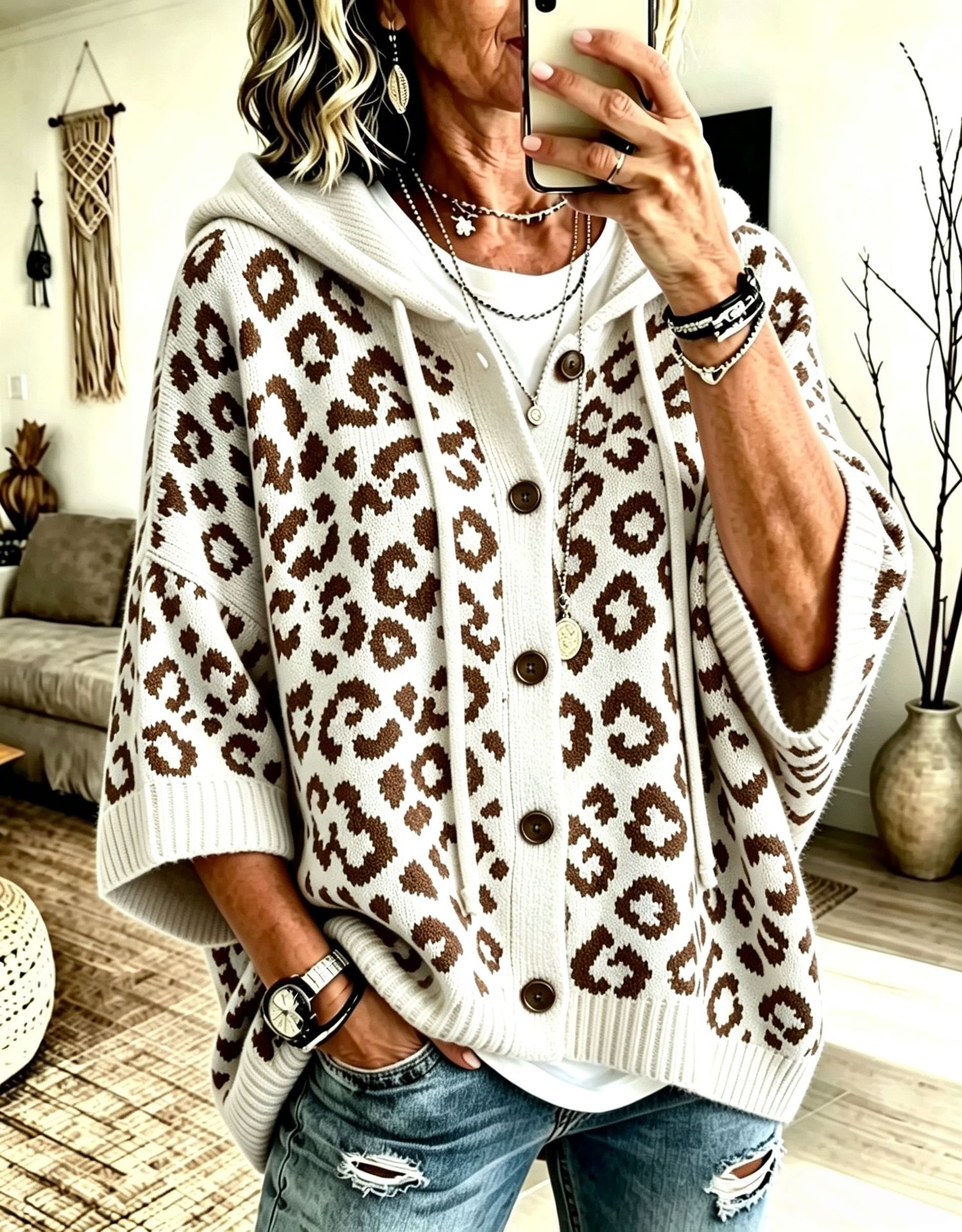 Leopard Print Button-Up Hooded Knit Cardigan Sweater