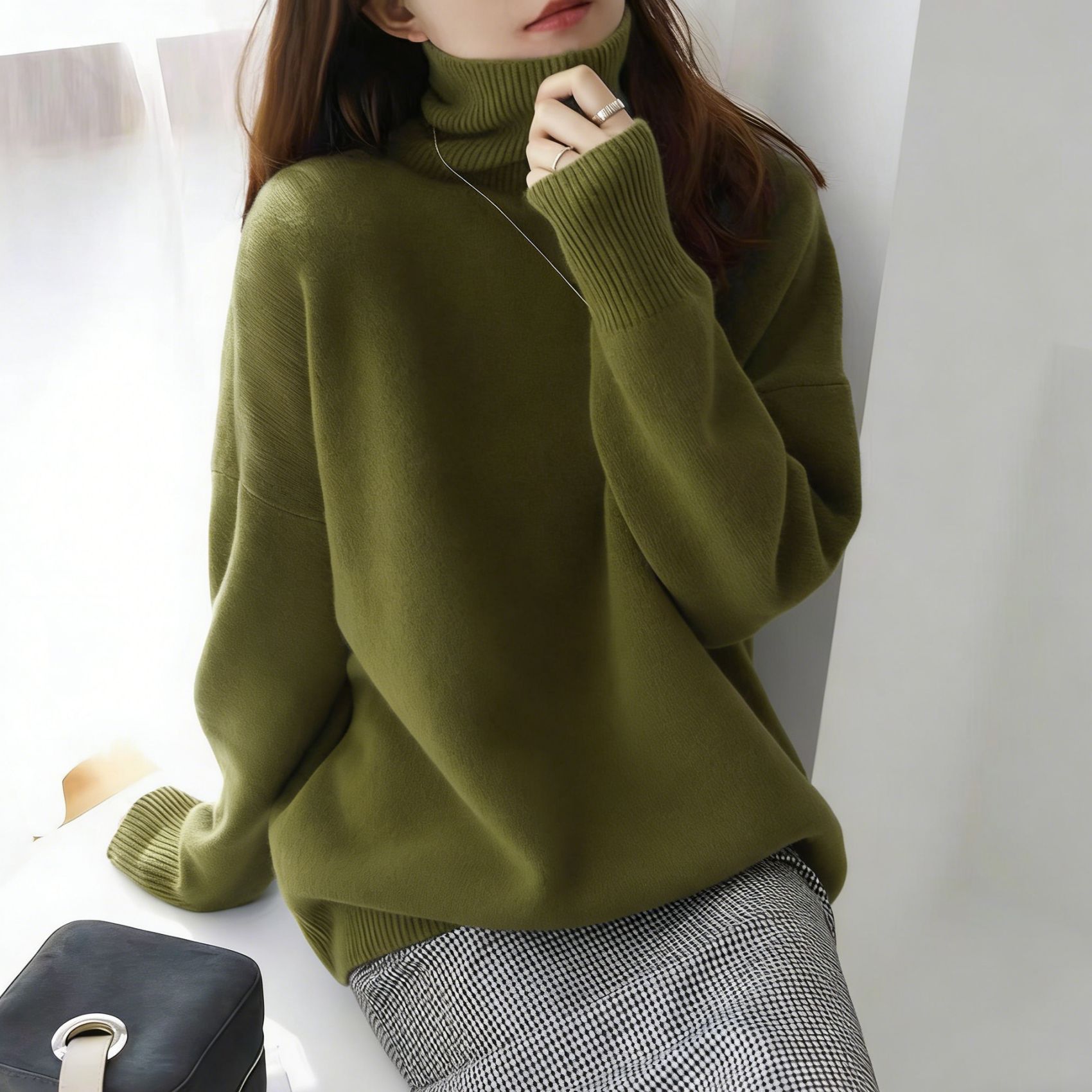 Women's Thick High-Neck Loose Knit Pullover Sweater