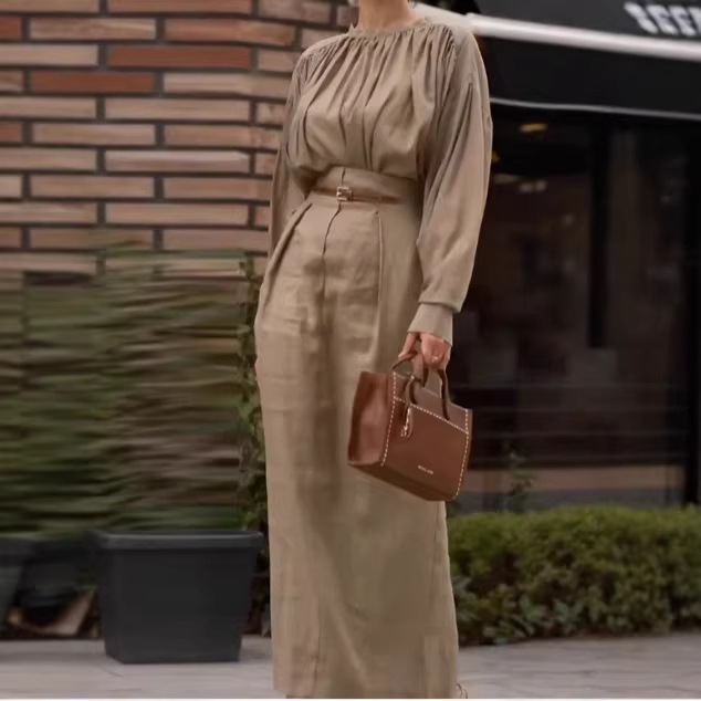 French-Style Long Sleeve Solid Shirt and Long Skirt Set