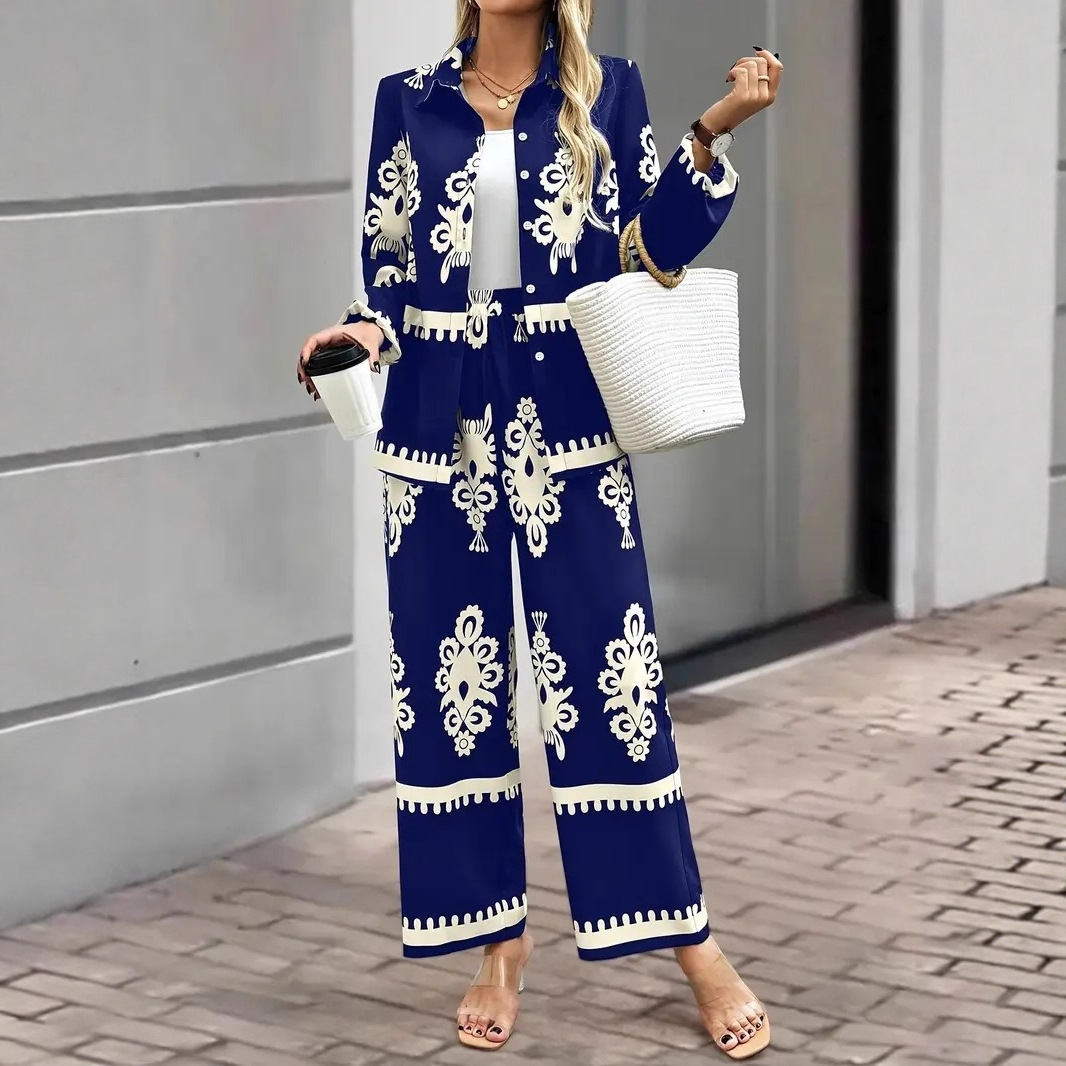 Geometric Print Long Sleeve Shirt & Wide-Leg Pants Two-Piece Set