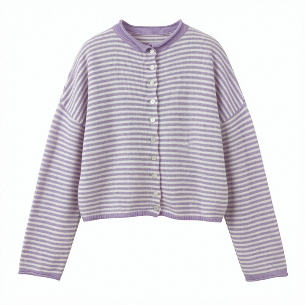 Striped Knit Cardigan Women's Loose Crew Neck Single-Breasted Long Sleeve Casual Outerwear