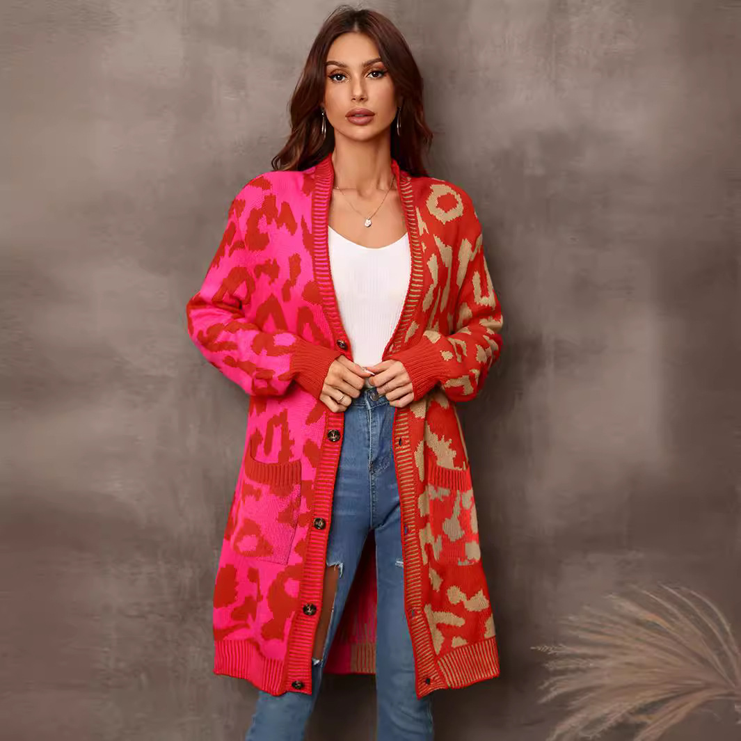 Leopard Print Color Block Knit Cardigan Mid-Length Women's Sweater