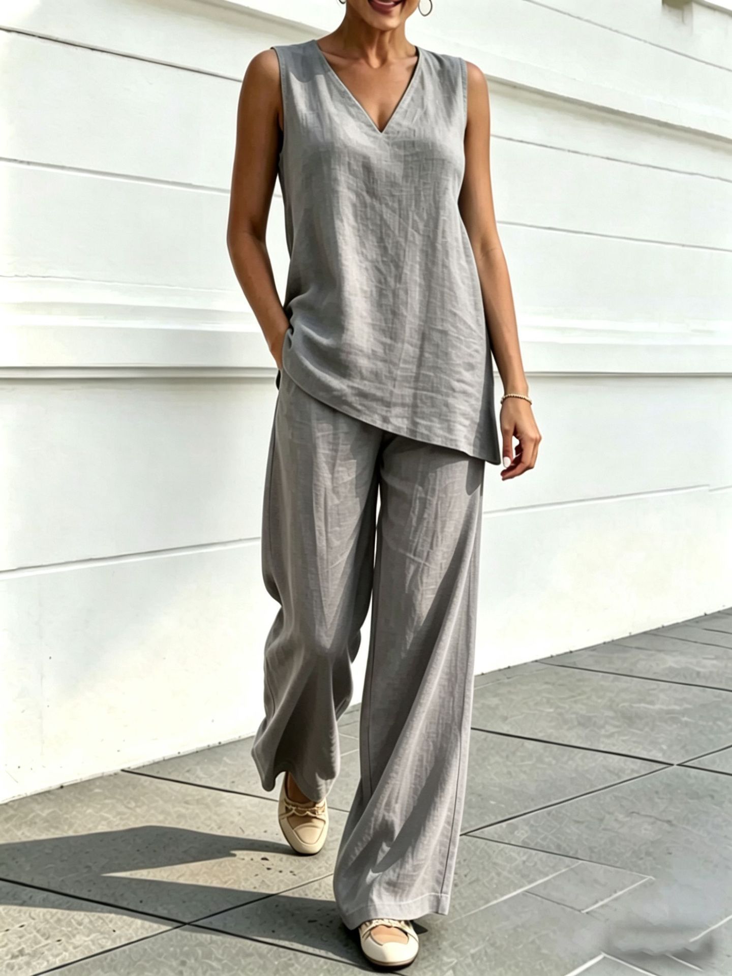 Women's V-Neck Sleeveless Top and Wide-Leg Pants Two-Piece Set