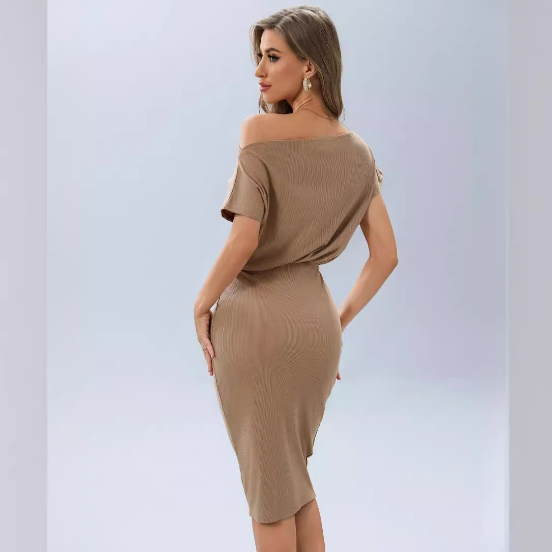 Solid Ribbed One-Shoulder Bodycon Midi Dress
