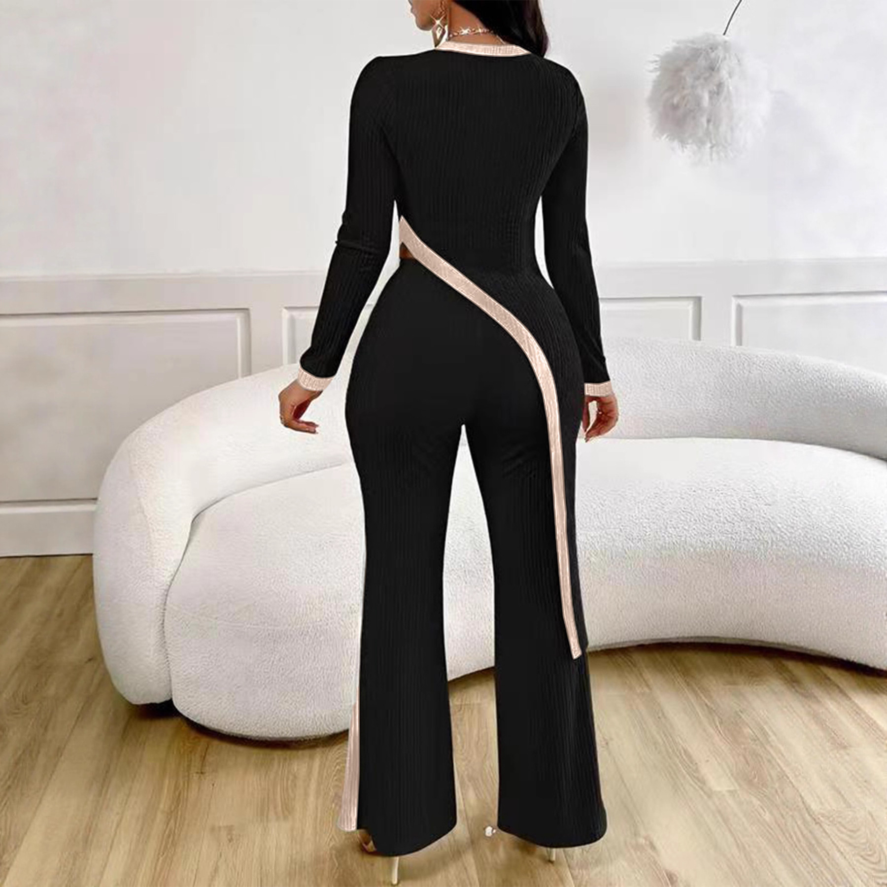 Women's Color-Block Long-Sleeve T-Shirt & Patchwork Pants Set