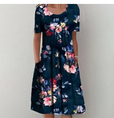 Plus Size Floral Print Short Sleeve Round Neck A-Line Midi Dress