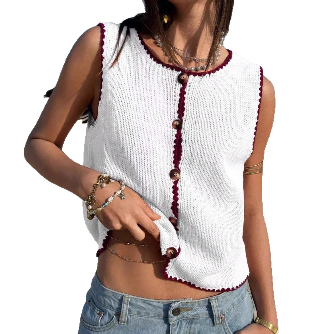 Women's Colorblock Trim Button-Front Sleeveless Sweater Vest
