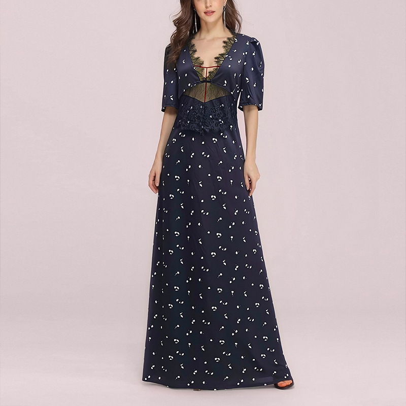 Women's Slim Fit Lace Trim Printed Dress