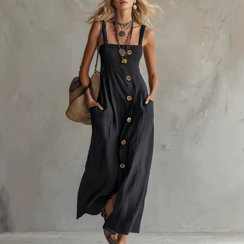 Elegant Black Square-Neck Sleeveless Maxi Dress with Slit