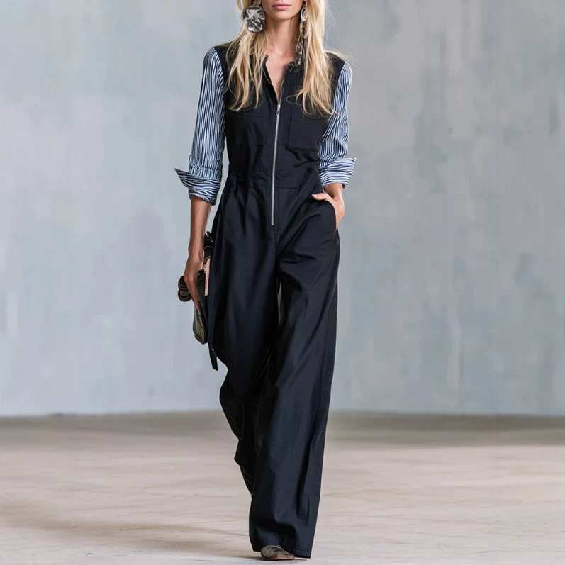Black Patchwork Striped Long Sleeve Jumpsuit