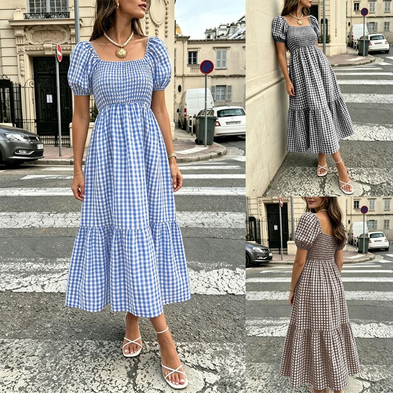 French Cottage Vichy Gingham Puff Sleeve Square Neck High Waist Tiered Midi Dress