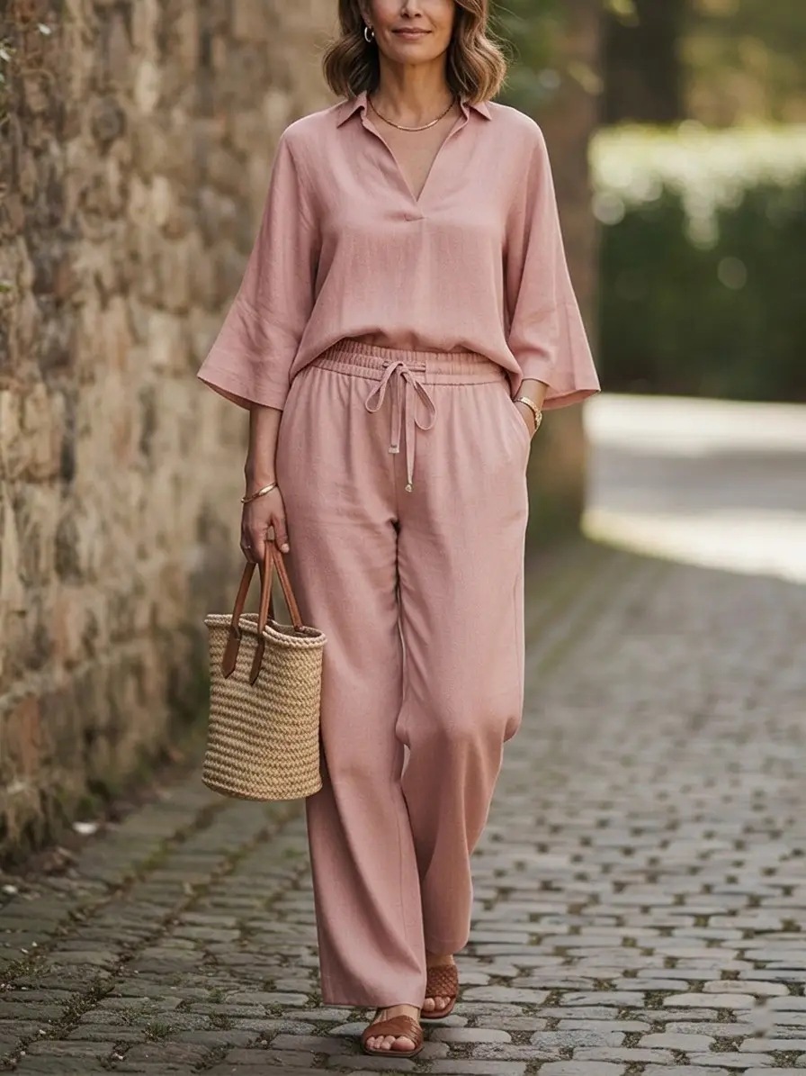 Women's Casual Shirt and Pants Set Solid Color Cotton Blend