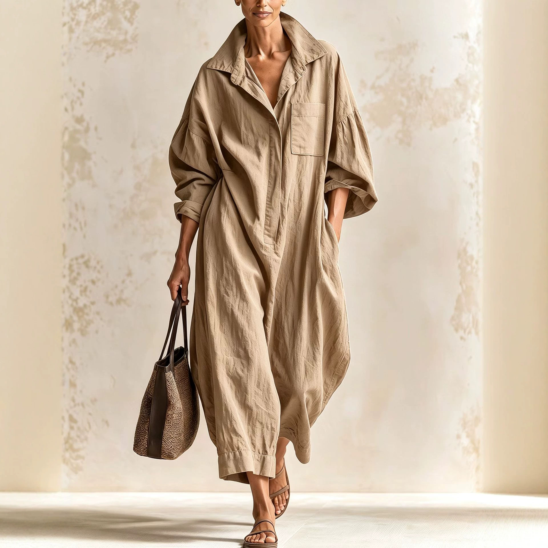 Cotton-Linen Collared Long-Sleeve Wide-Leg Jumpsuit