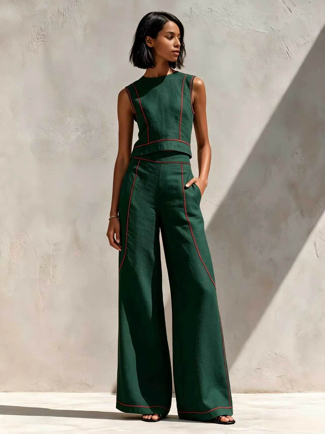Sleeveless Color-Block Wide-Leg Pants Set Women's Casual Two-Piece