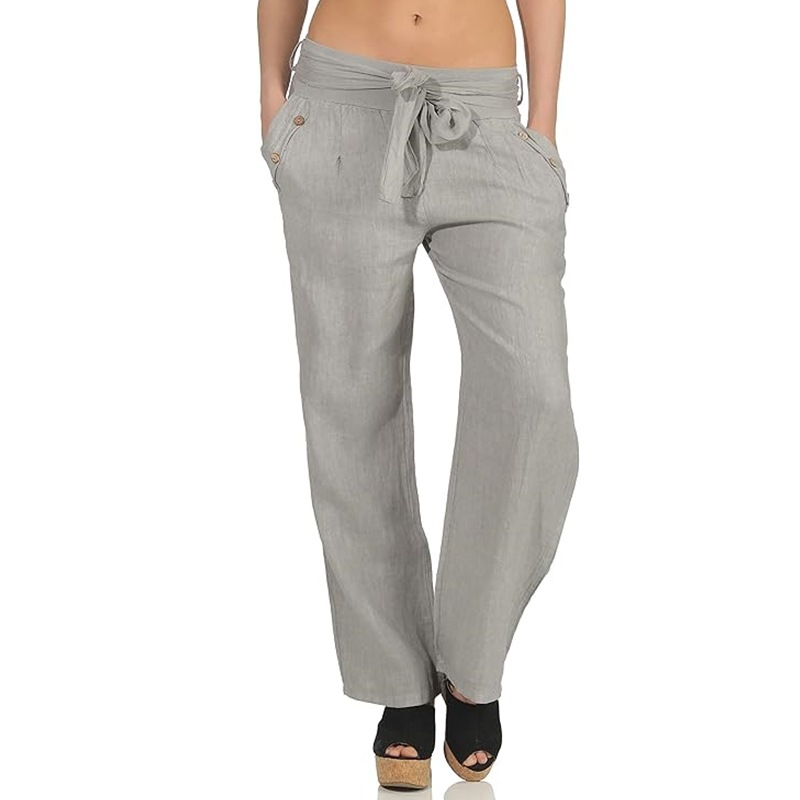 Women's Cotton-Linen Straight-Leg Pants with Belt