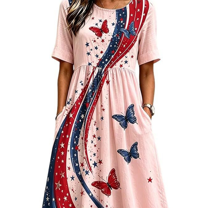 Women's Floral Butterfly Print Pleated Midi Dress