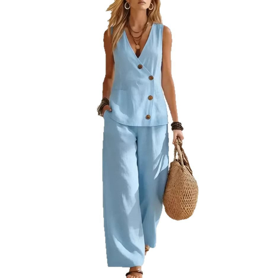 Women's Summer Cotton-Linen Button Cardigan & Pants Set Casual Vacation Solid Color
