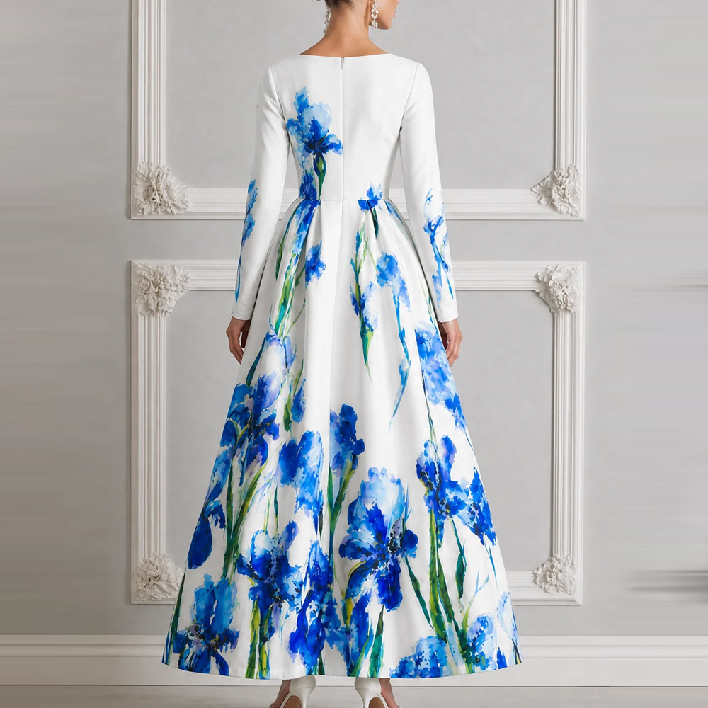 Long Sleeve Blue and White Porcelain Print Maxi Dress