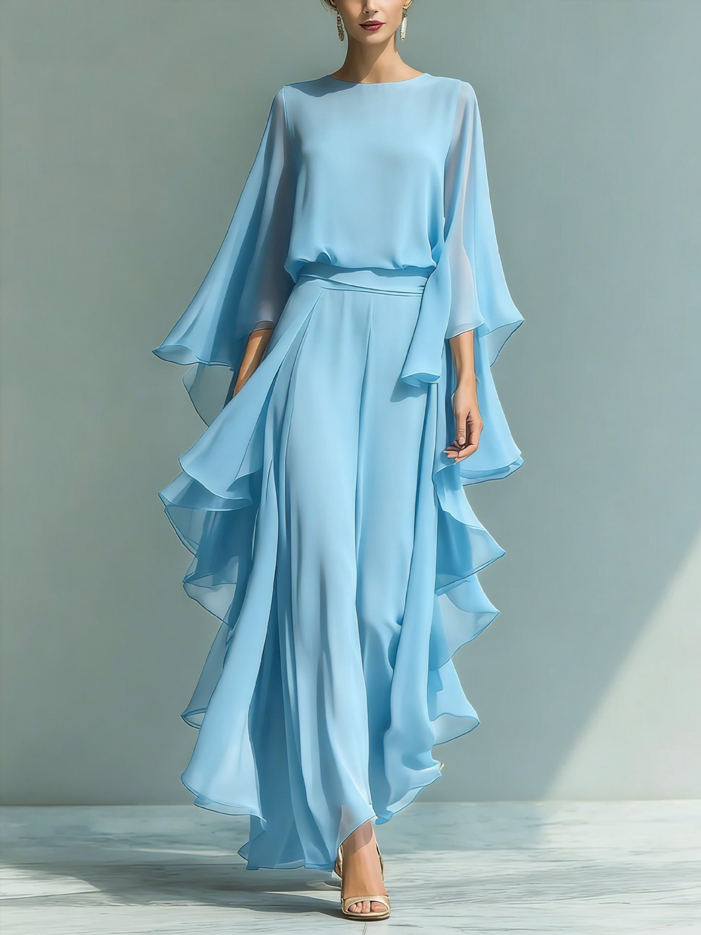 Women's Navy Chiffon Top and Straight-Leg Pants Set with Ruffle Detail