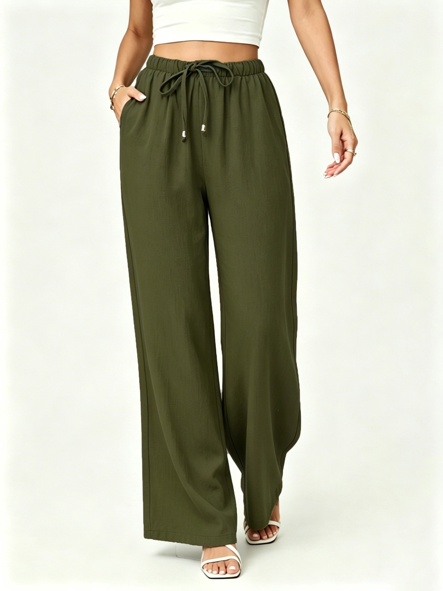Women's Linen-Blend Drawstring High-Waist Wide-Leg Pants